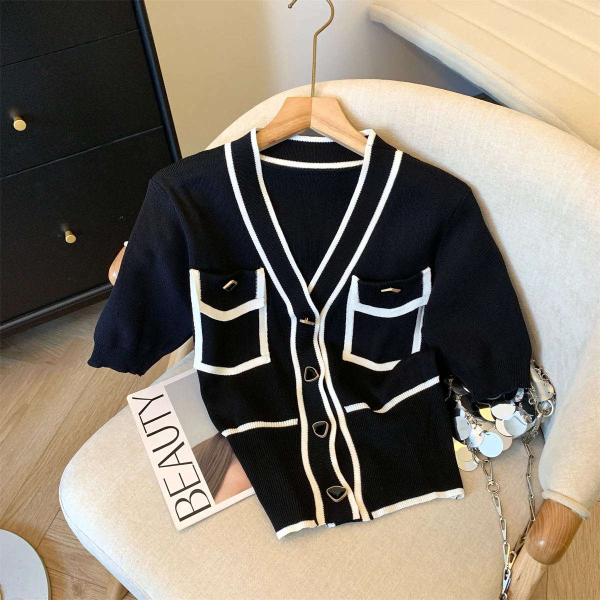 Korean Style Sweater Cardigan For Women Summer Elegant Vintage Ladies Knitwear Tops Short Sleeve V-neck Fashion Jumpers 2024