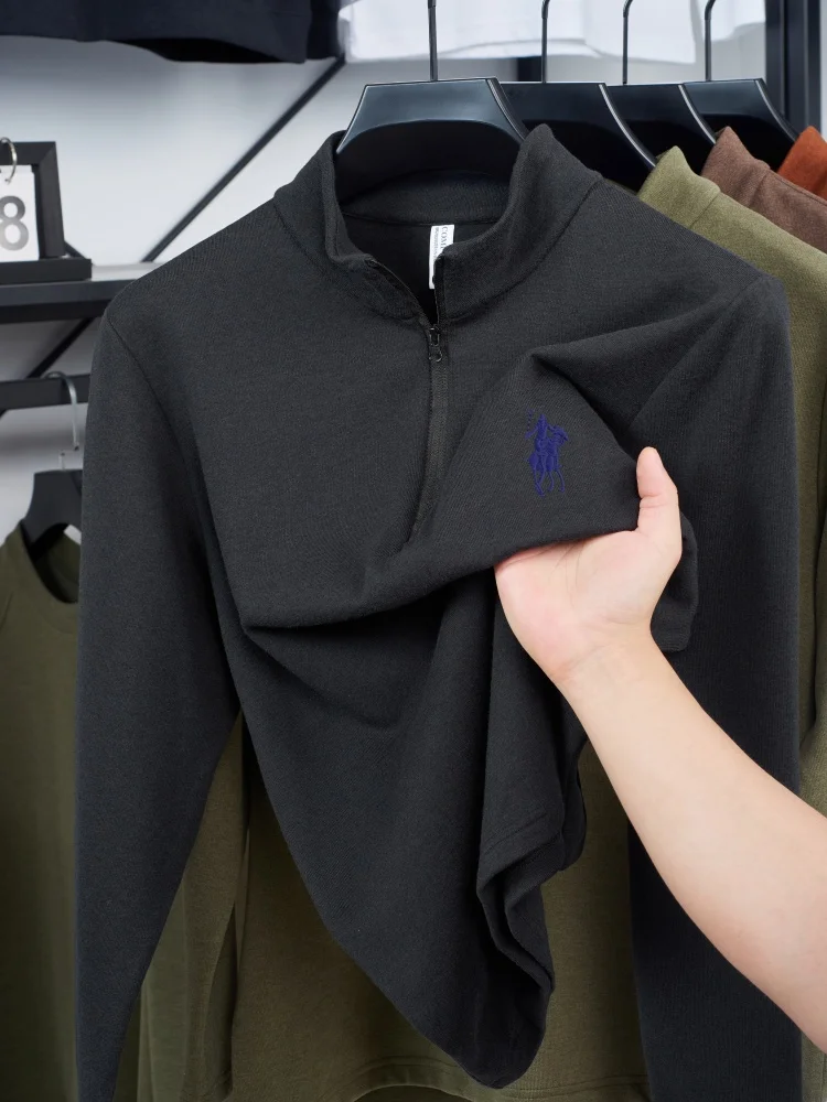 فاخر خريف شتاء جديد على الوجهين المخملية الدافئة سستة طويلة الأكمام الرجال العلامة التجارية الأكثر مبيعا رائعة المهر تي شيرت مطرز