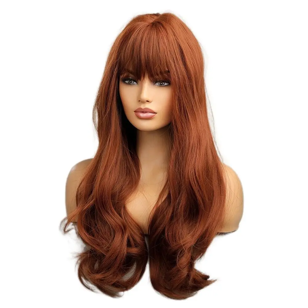 Soft Long Wavy Halloween Copper Red Heat Resistant Hair Dress Up Wigs With Bangs