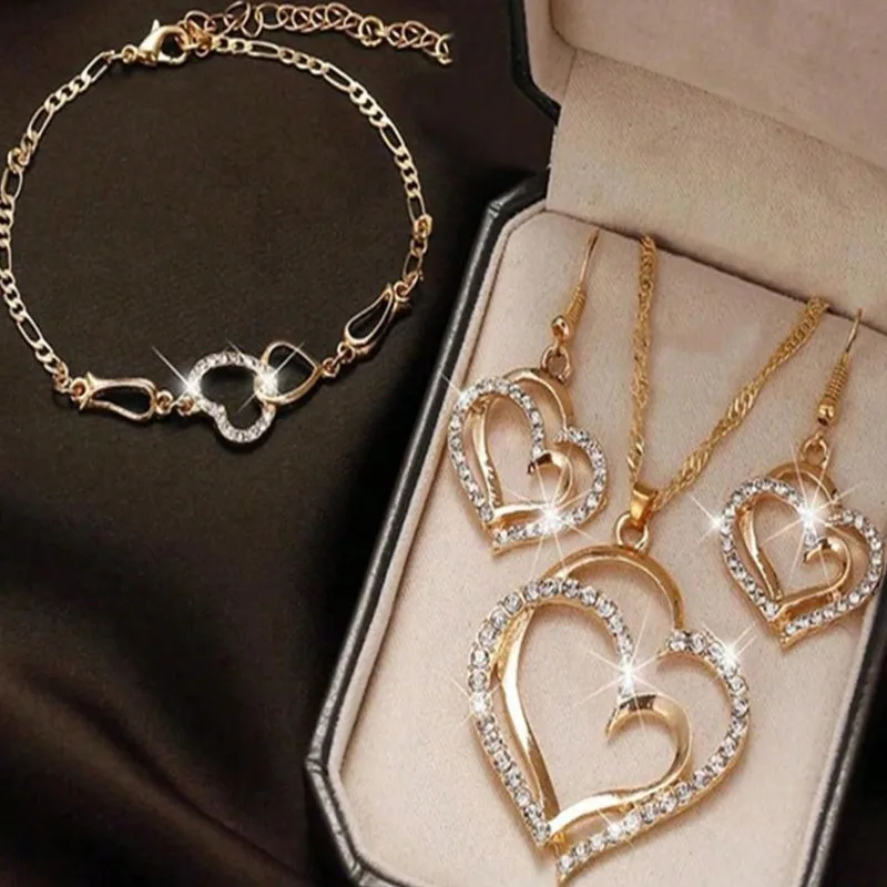 4pcs/set Valentine's Festival Golden Heart Pendant Necklace Bracelet Earrings Jewelry Accessory for Girlfriend or Wife Gift