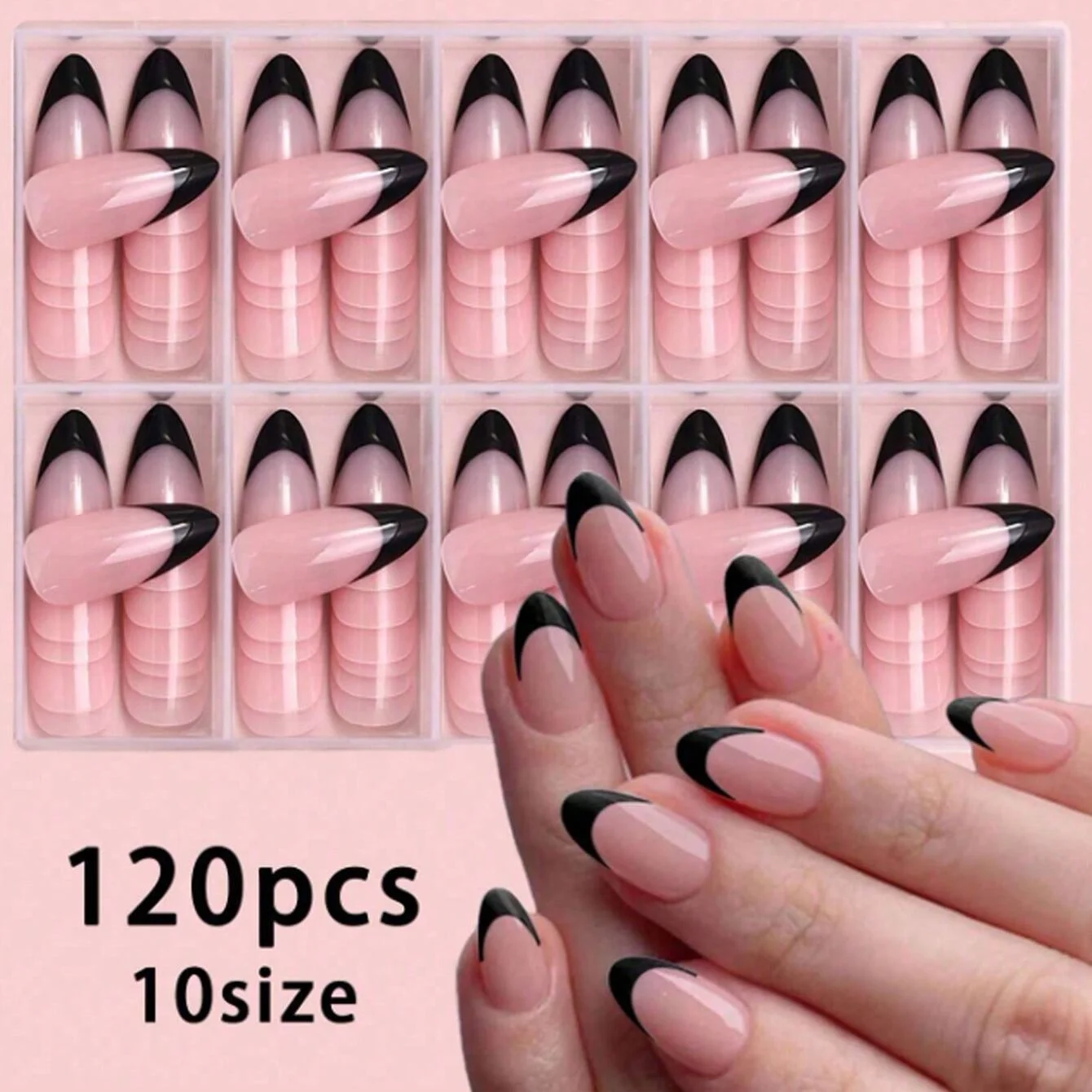 120PCS/Box Almond Medium Black Sharp Fake Nail Full Coverage Acrylic Nail Reusable Artificial Nail Stick Women's Nail Art