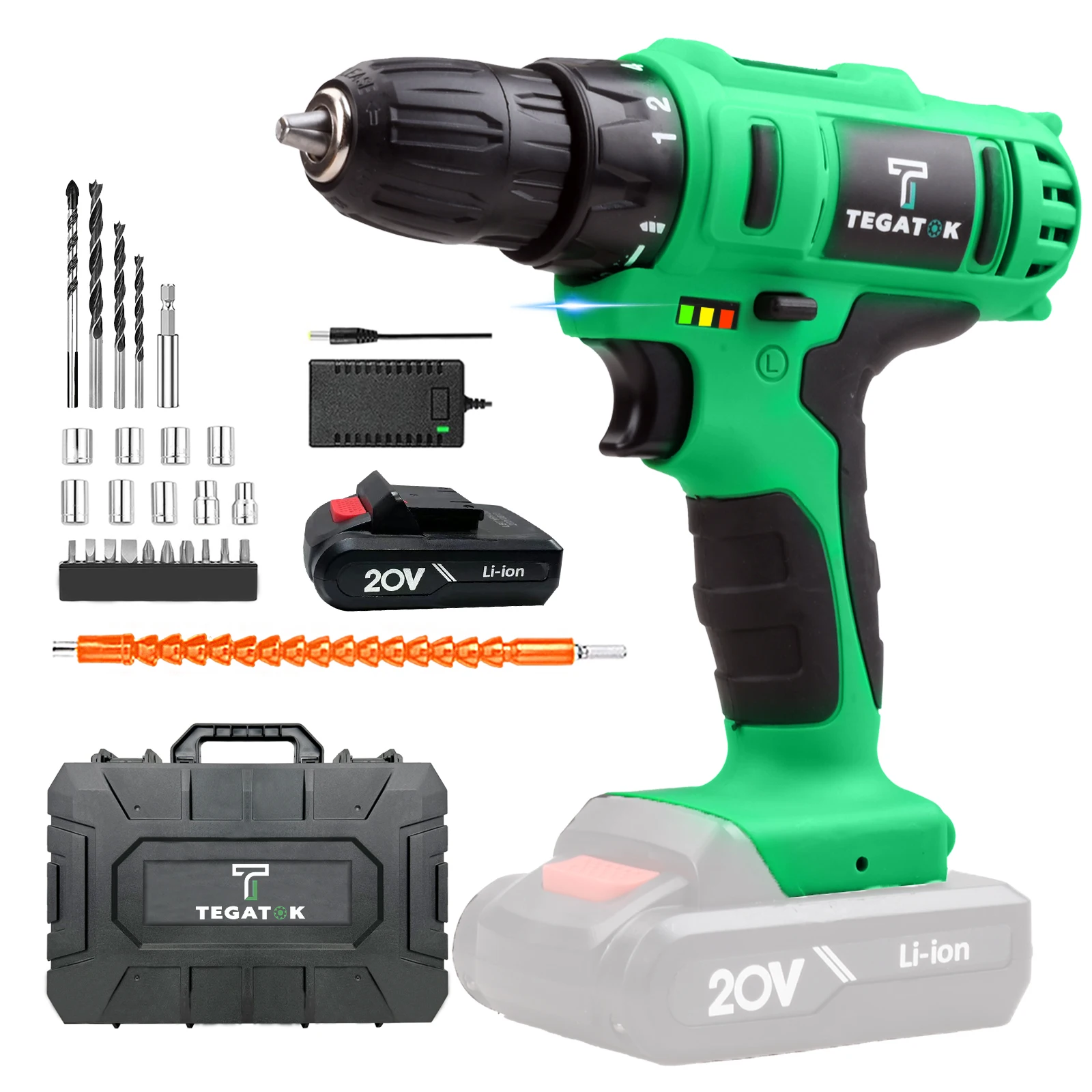 

20V cordless drill brand set, wireless drill with 1 * 2Ah battery, 3/8-inch keyless chuck, 18+1-position drill.