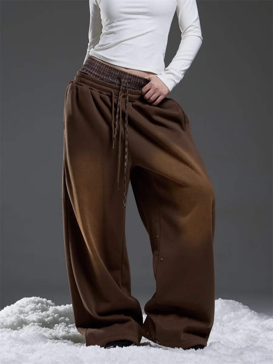 

Retro Sporty Fleece Lined Wide Leg Pants Women's Loose Slimming Washed out Coffee Color Long Trousers Casual Comfortable