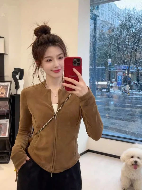 

Faionable Slim Fit Long Sve Base irt Spring Double Zipper Casual Sle Women's Inner Wear Korean Version New Model