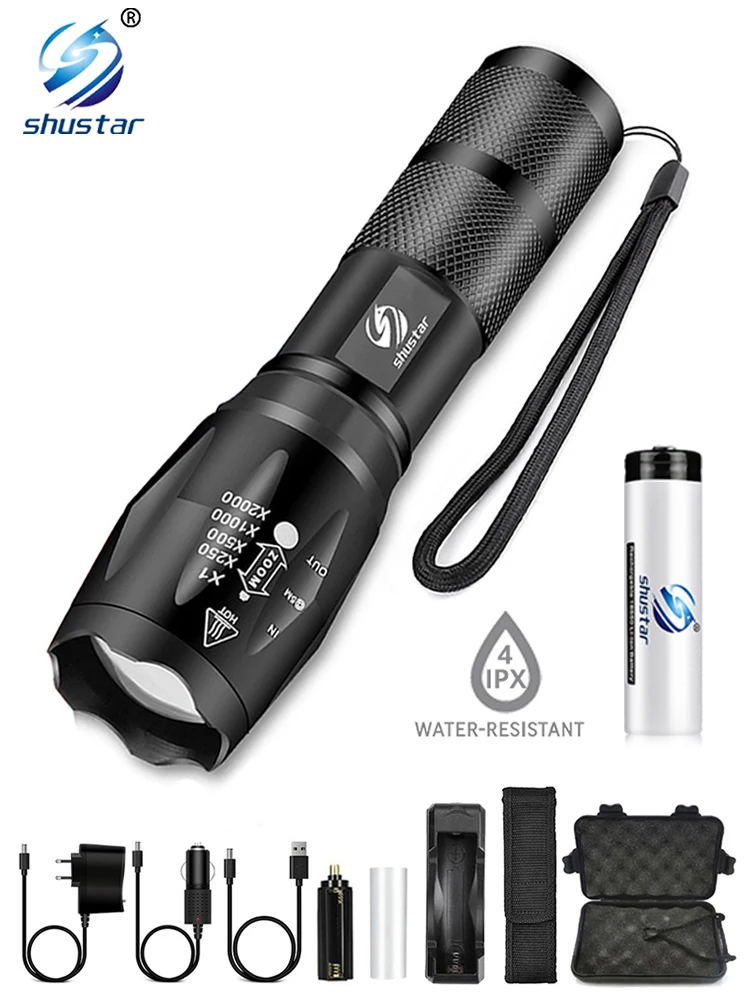 Shustar Led flashlight Ultra Bright torch L2/V6 Camping light 5 switch Mode waterproof Zoomable Bicycle Light use 18650 battery