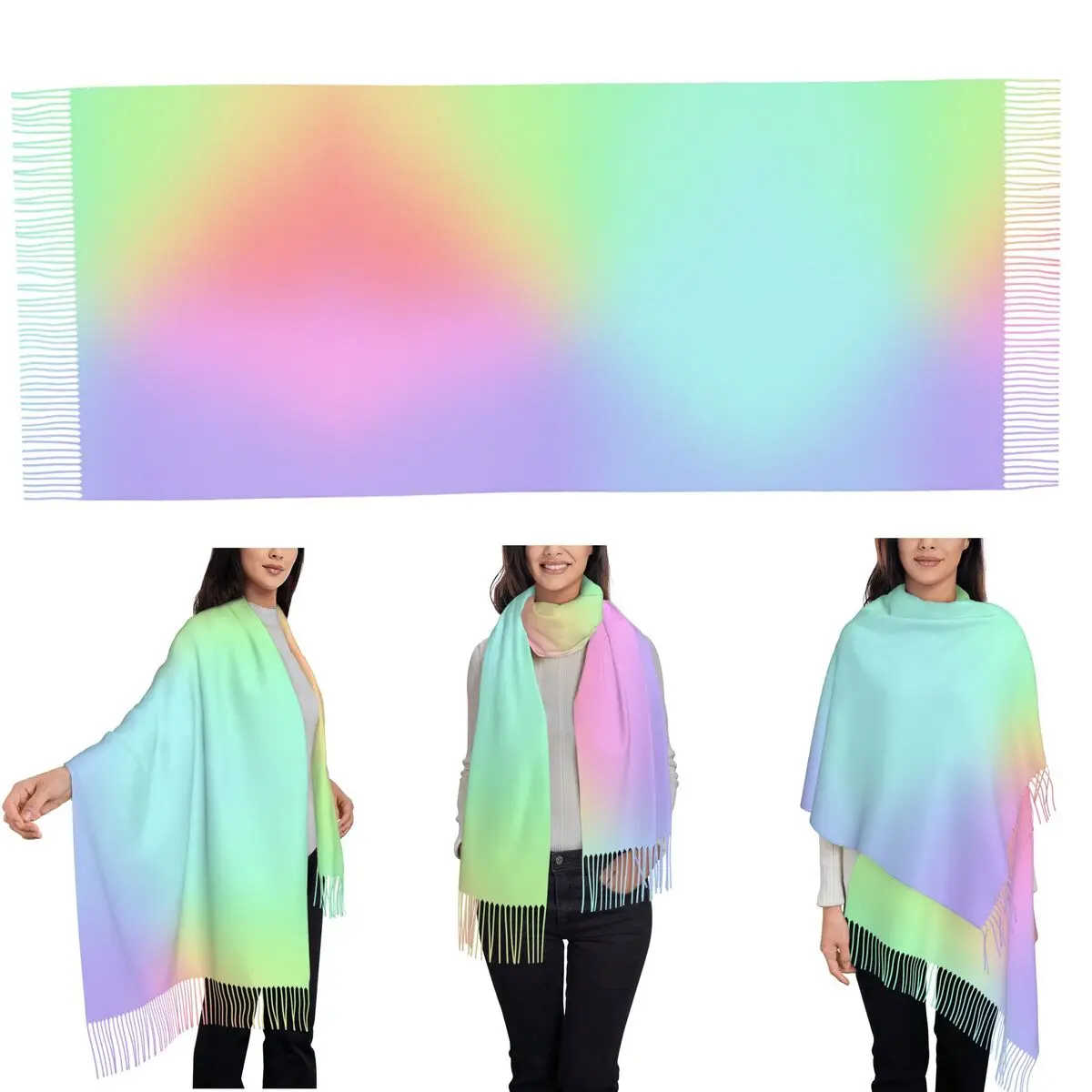Pastel Glow Rainbow Gradient Scarf Tassel Scarves for Women Soft Warm Shawls and Wraps Large Fall Winter Shawl Wrap