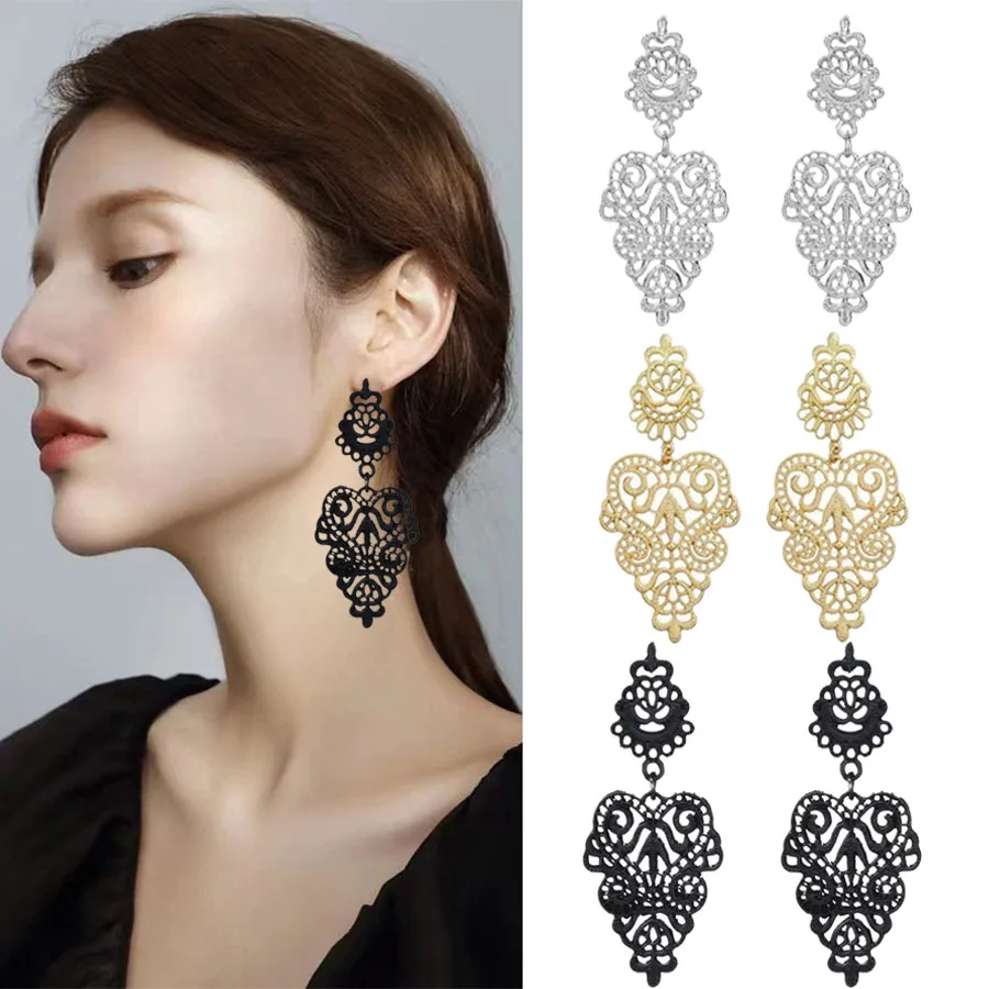 Boucles d\'oreilles bohème ajourées pour femmes, bijoux de couleur or et noir, cadeau idéal