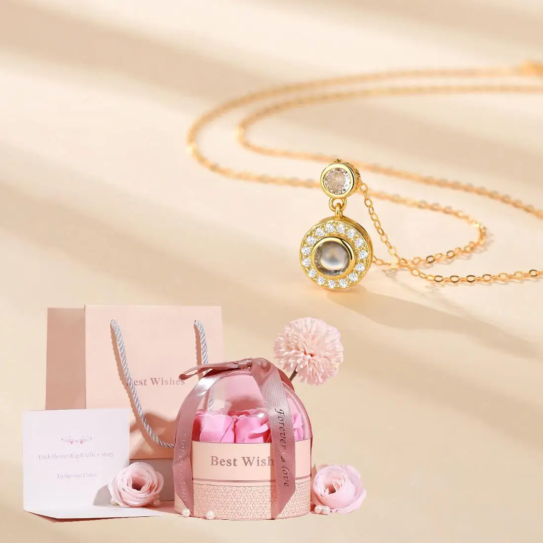 Round 100 Languages Projection Pendant Necklaces With Luxury Rose Flower Gift Box 2024 Christmas Gifts Romantic Jewelry