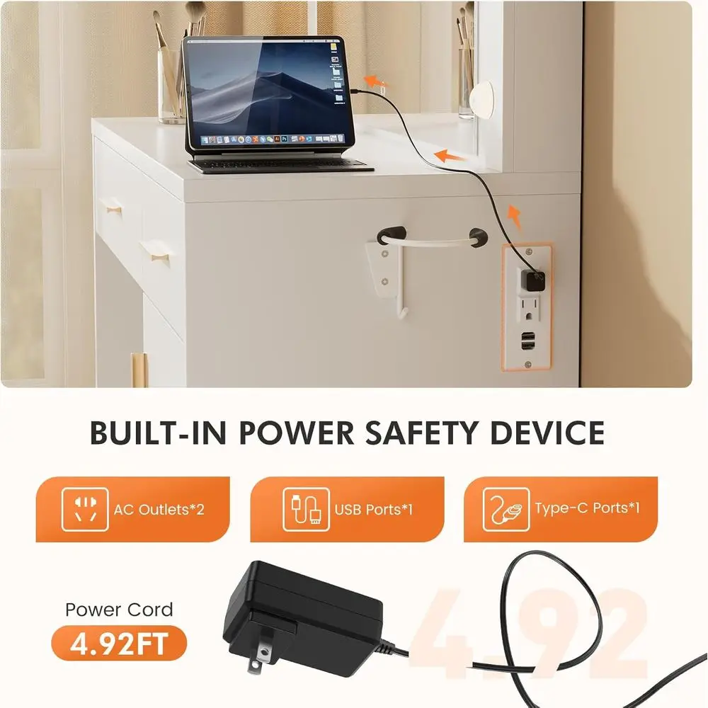 LED-verlicht make-up-ijdelheidsbureau met opbergruimte, instelbare helderheid, 3 verlichtingsmodi, witte kaptafel voor dames- en meisjesbed