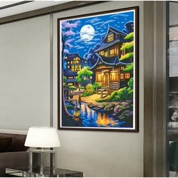 A Cabin At Night Printed Cross Stitch DIY Full Moon Scenery Pattern 11CT Handmade Embroidery New Fashionable Hanging Painting