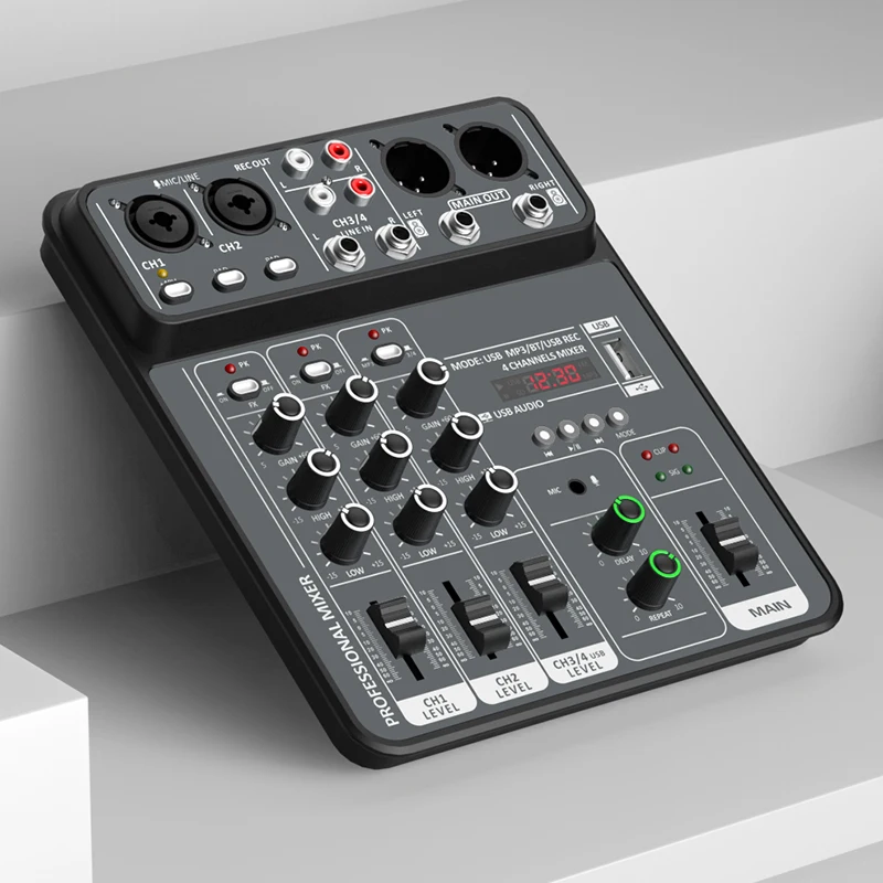 4 Channel Audio Mixer 48V Phantom Power USB Studio Sound Mixers Bluetooth DJ Console Mixing for Karaok