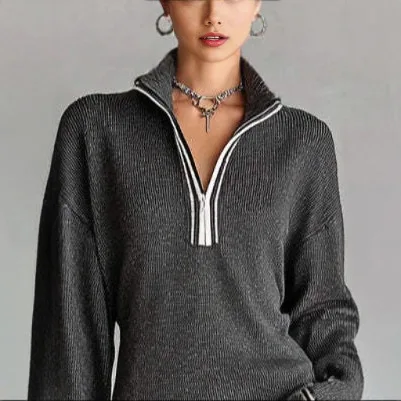 

2026 Winter New Fashionable Women's Wool Knit With Turn-Down Collar Zipper, Color Block Design, Loose Fit, Slimming And