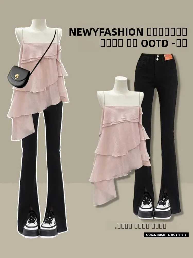 

Unique Women's Chiffon ort Sve 2025 New Sle Sexy Crop Top with Slimming Micro Flare Slit Jeans French Sle Loose Fit