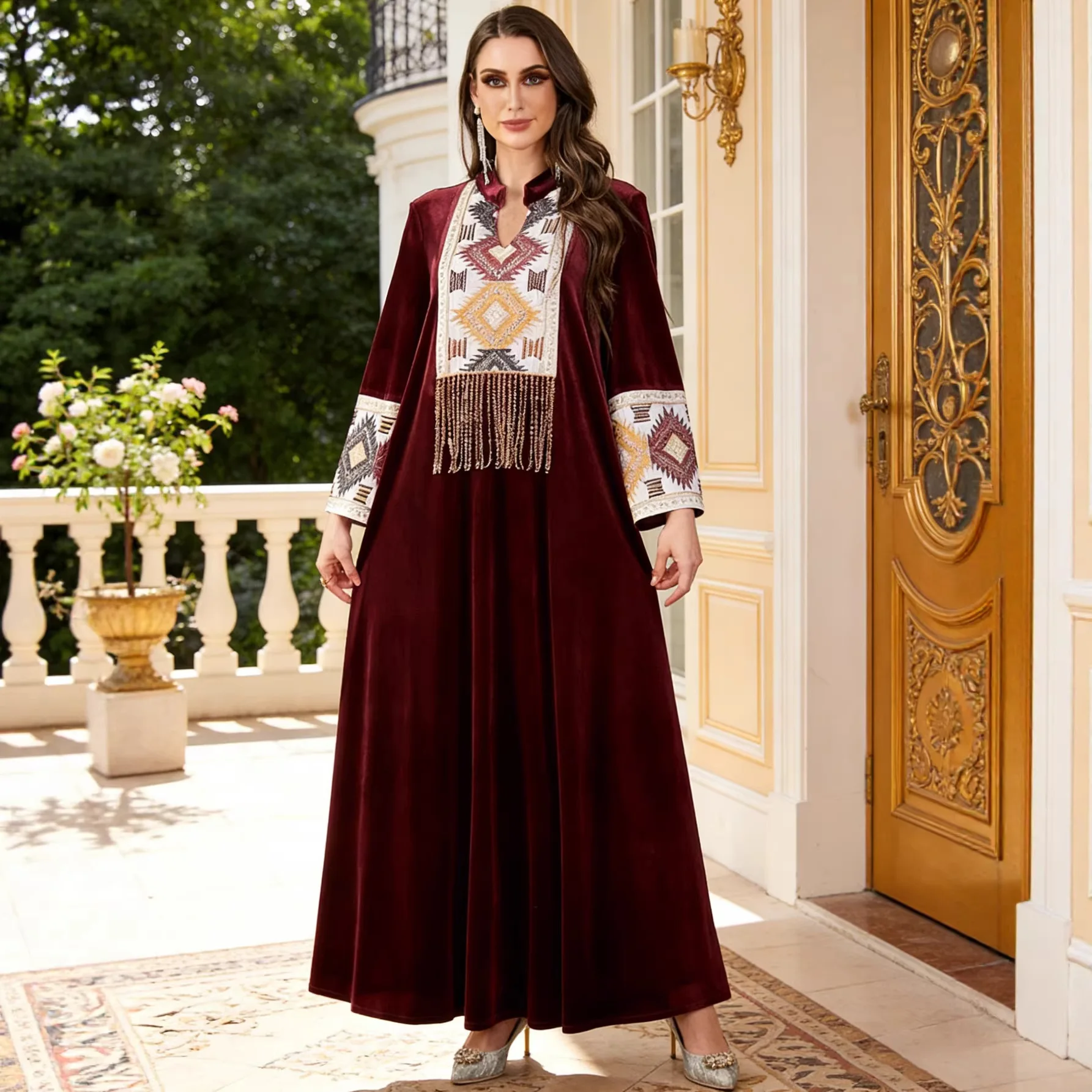 

SuperAen Fashion Embroidered Patchwork Tassel Design Dress Spring Velvet Oversize A-line Long Dresses