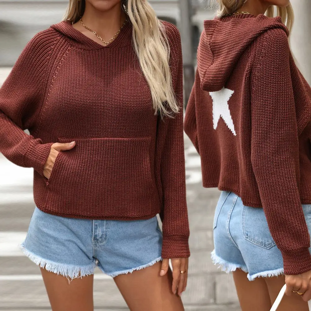 

Women Sweater Women Raglan Shoulder Sweater Cozy Women's Knitting Sweater Hoodie with Star Pattern Raglan Sleeves Front for Fall