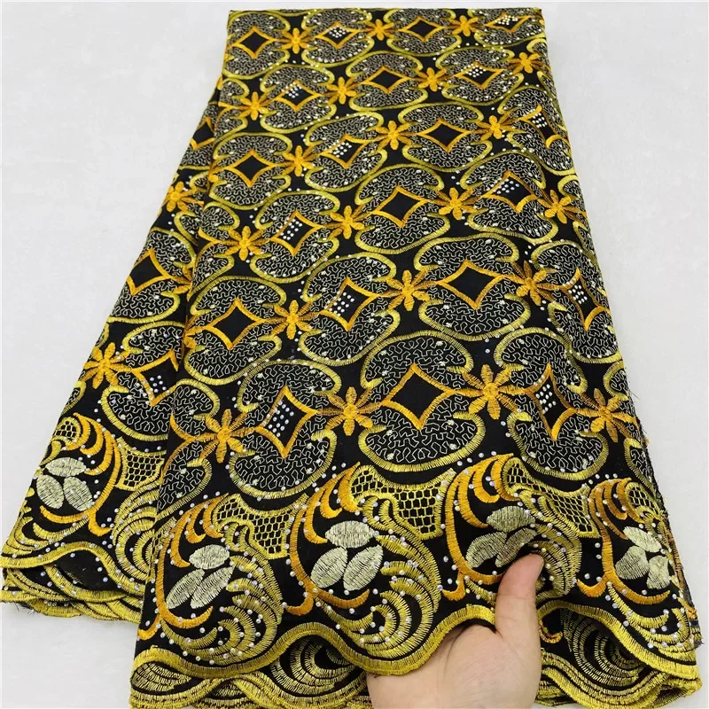 

5-ярдовая тяжелая вышивка бисером, африканская 100% хлопчатобумажная ткань премиум-класса, высокое качество, швейцарская вуаль, кружево, популярный стиль Дубая 12L29503