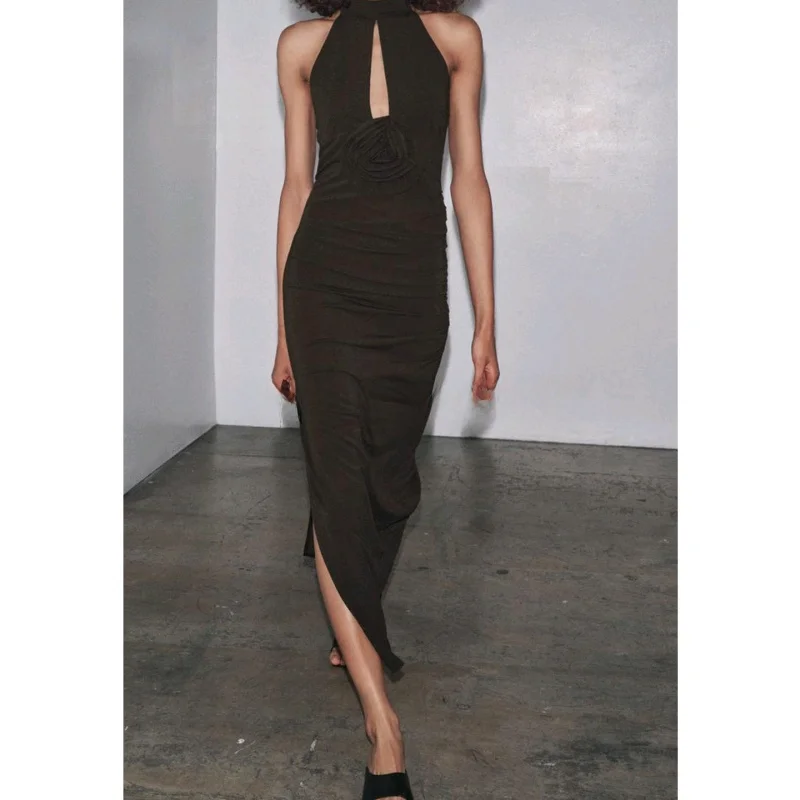 Vestido sin Mangas para Mujer, Nuevo Estilo Otoñal, Cuello ter, Adorno Floral en el Dobladillo, Abertura Lateral, Estilo C...