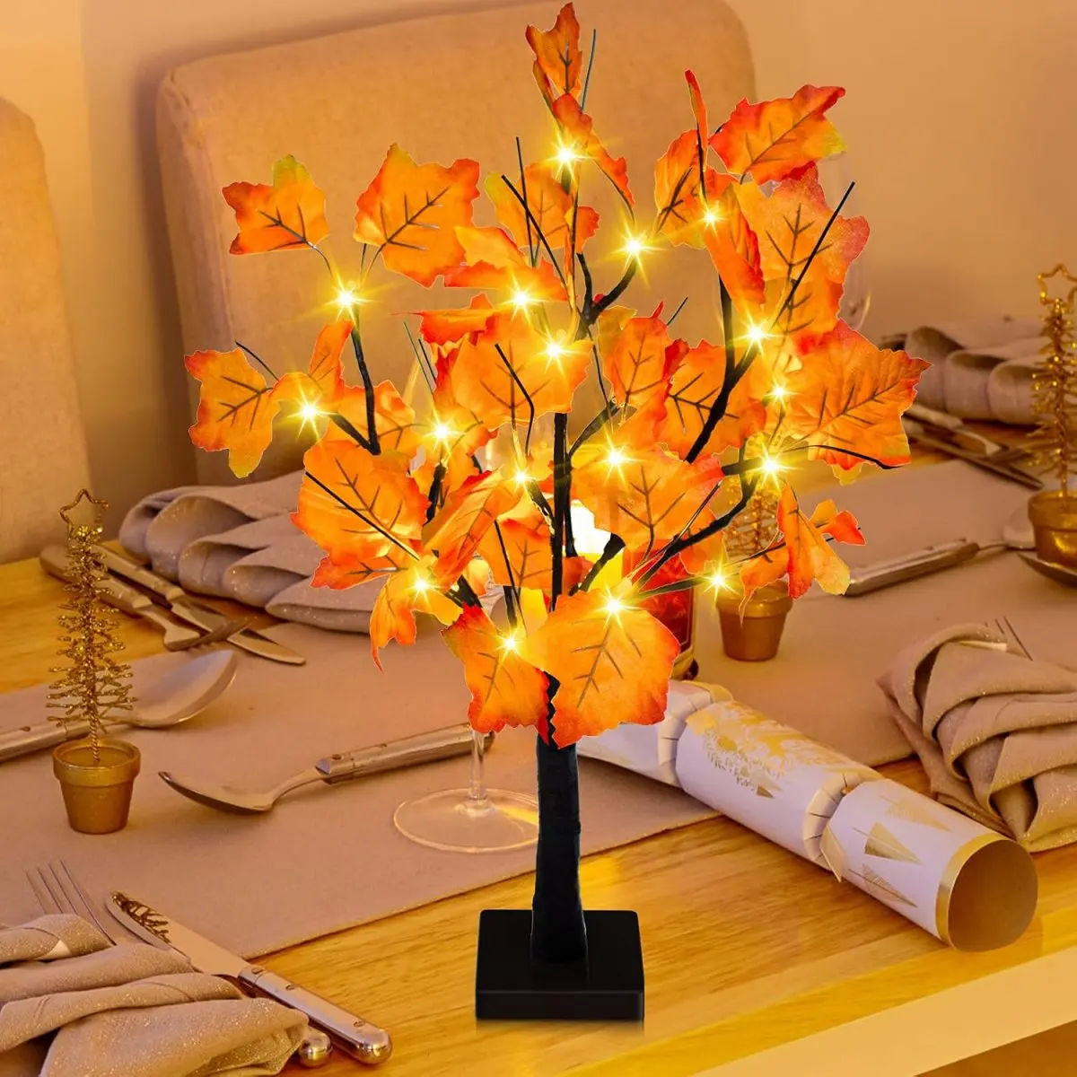 1pc DIY Artificial Black Birch Tree Light 24 LED Desktop Decorative Lamp With Maple Leaf For Home Bedroom Halloween Party Decor