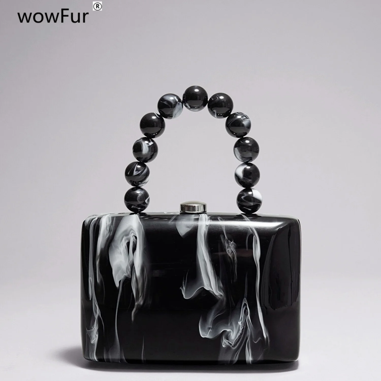 Marble Brand New Designer Black Acrylic Beaded Handle Box Clutches Handbags Women Shouder Messenger Wedding Party Evening Purse