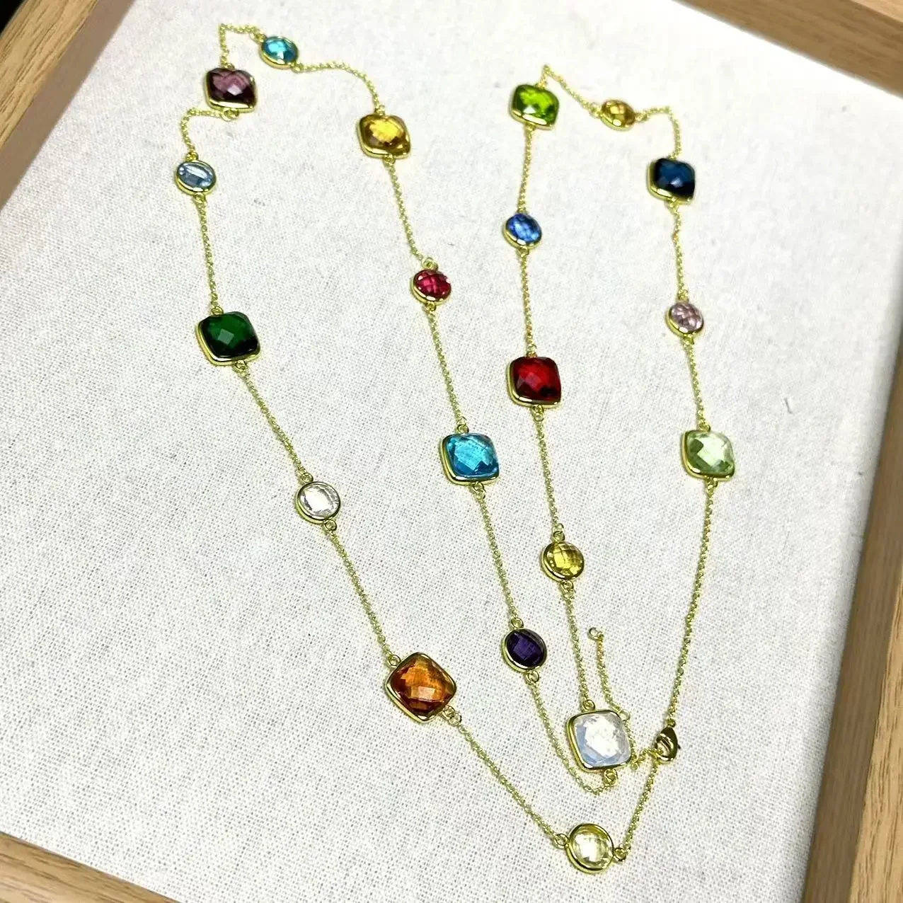 Original Design 20stones Sweater Chain for Women 100cm Candy Color Crystal Pendant Necklace Customized Rose gold Plated