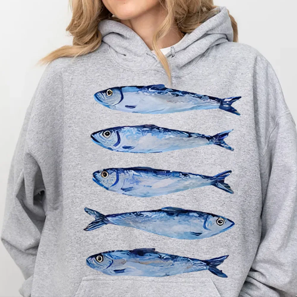 

Casual Solid Color Cotton Women's Hoodie Cartoon Chic Sardine Print Sweater Sweatshirt Soft Trend New Top Daily Wear