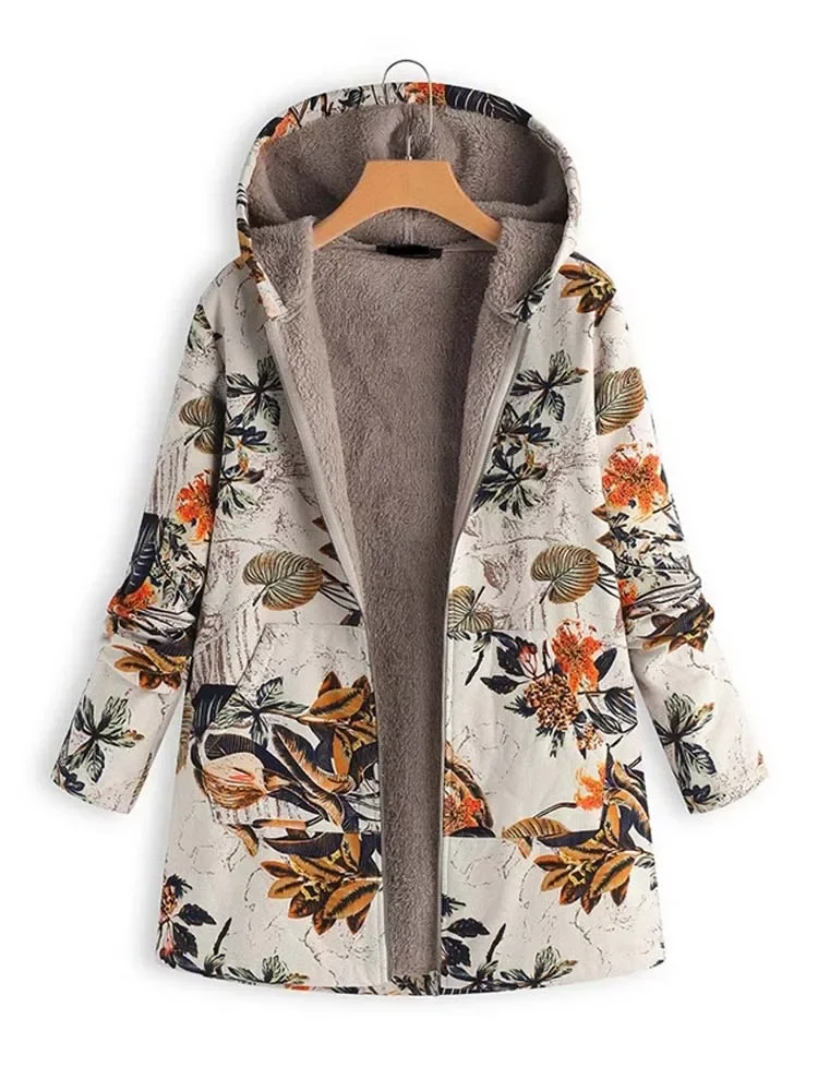 2023 New Women Winter Warm Floral Hooded Jacket Flower Print Hoody Vintage Oversized Coats Winter Padded Jacket Women Parkas