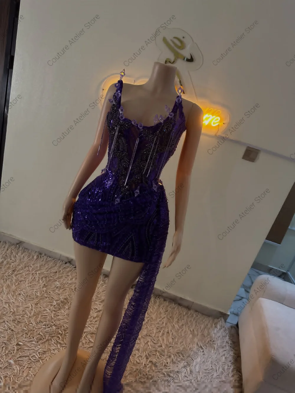 فساتين حفلة موسيقية بدون حمالات من حجر الراين الأرجواني بدون حمالات للفتيات السود ذيل جانبي فساتين حورية البحر لحفلات الزفاف حسب الطلب #5