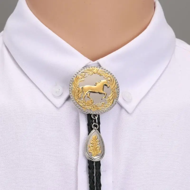 X5XA Braided Leather Cord Bolo Tie with Metal Horse and Drop Pendant Adjustable Chain Necktie Western Necklace for Festivals