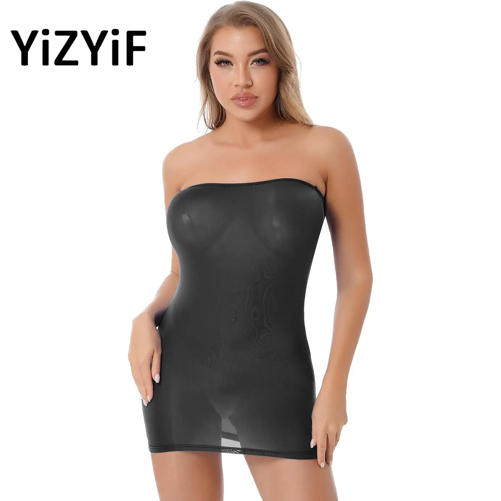 

Women Ultrathin Bodycon Mini Dress Ice Silk Glossy Transparent Bandage Tube Dress Sexy Mesh See-Through Tight Pencil Club Dress