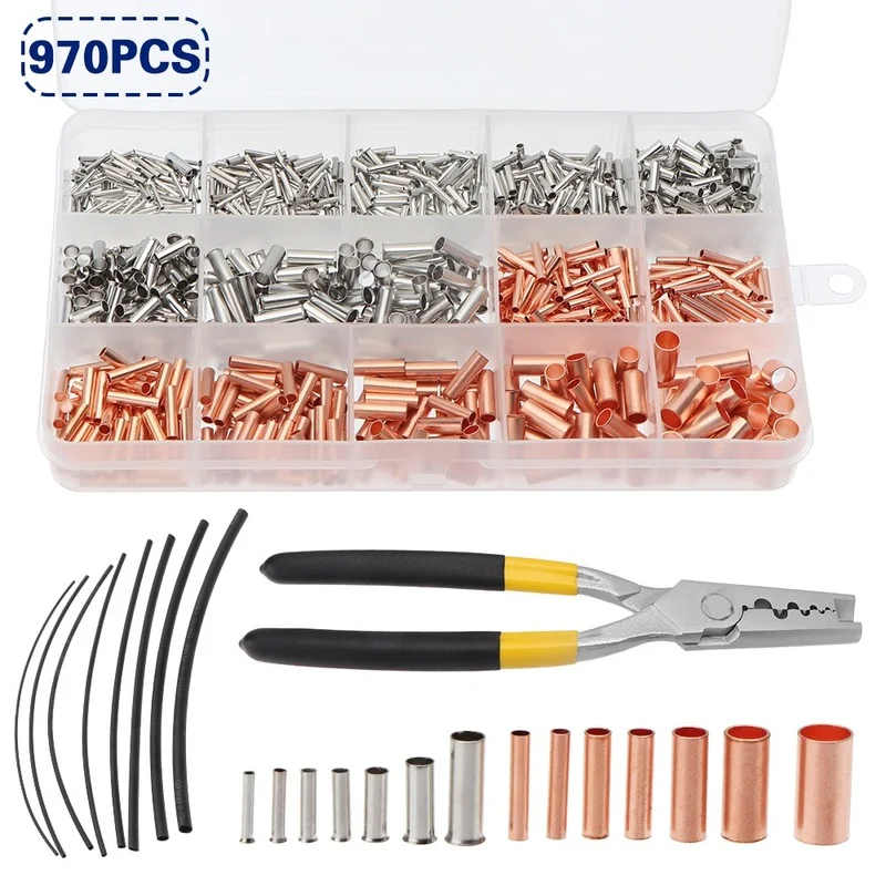 Adea 970pcs Copper Connecting Pipe Wire Joint Small Tube Terminal Cable Lug Bootlace Ferrule Kit With Heat Shrink Plier