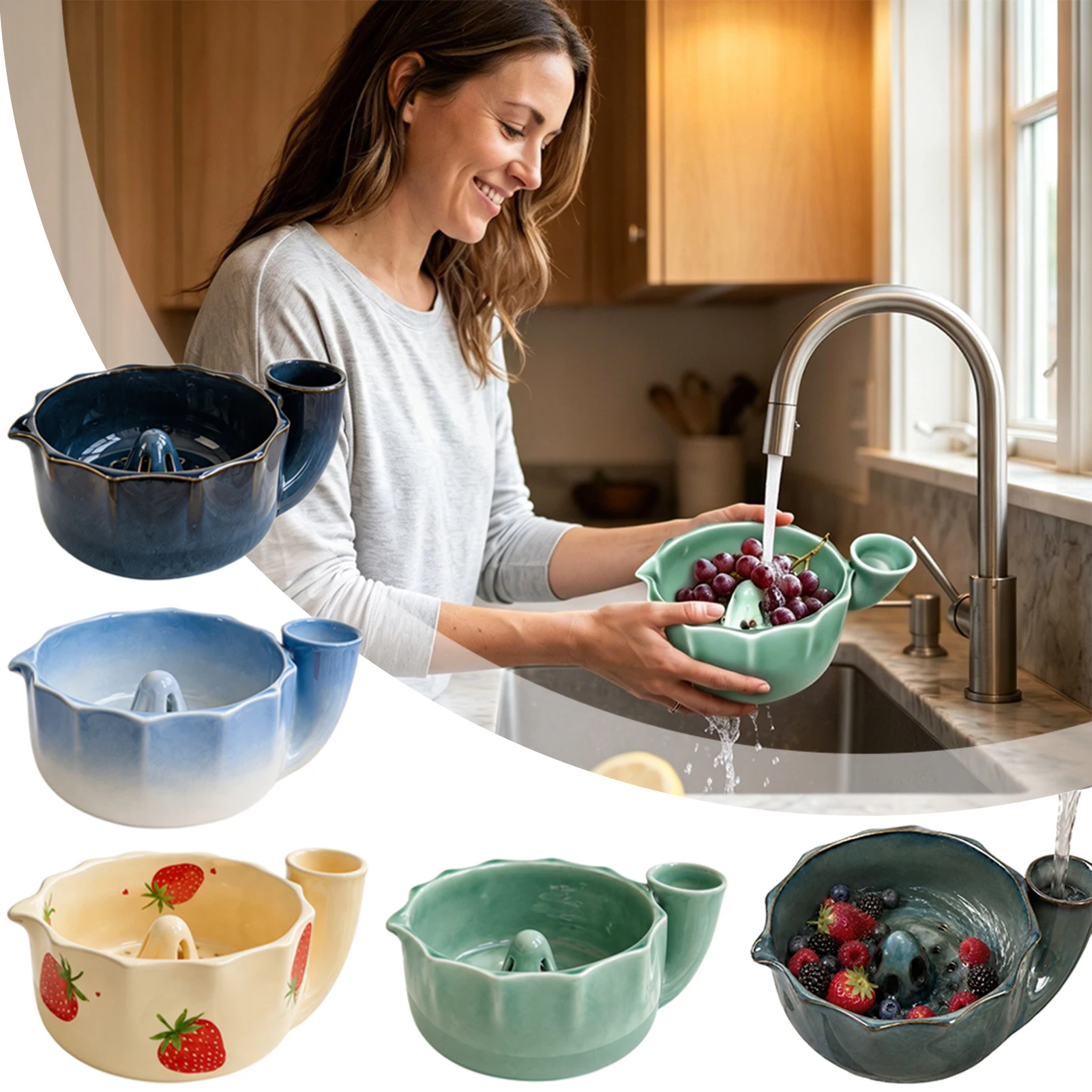 Berry Swirls Bowl Self-Spinning Berry Washing Bowl Ceramic Fruit Washer And Colander Basket For Strawberries Blueberries Grapes
