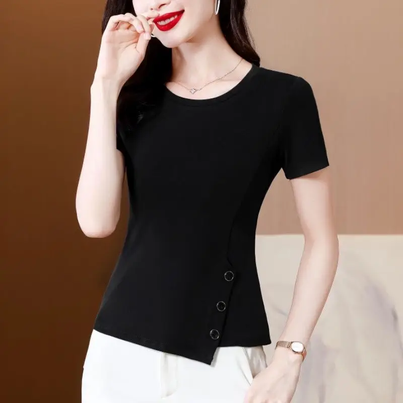 2024 New Summer Korean Commuting Minimalist Fashion Polyester Short Sleeved Solid Round Neck Irregular Women\'s T-shirt Top