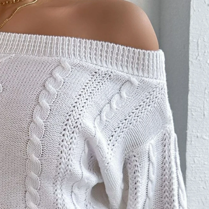 

Autumn Winter Off Shoulder Pullover Sweater Women Fashion Solid Color Long Sleeve Short Tops Casual Slash Neck Knitted Sweaters