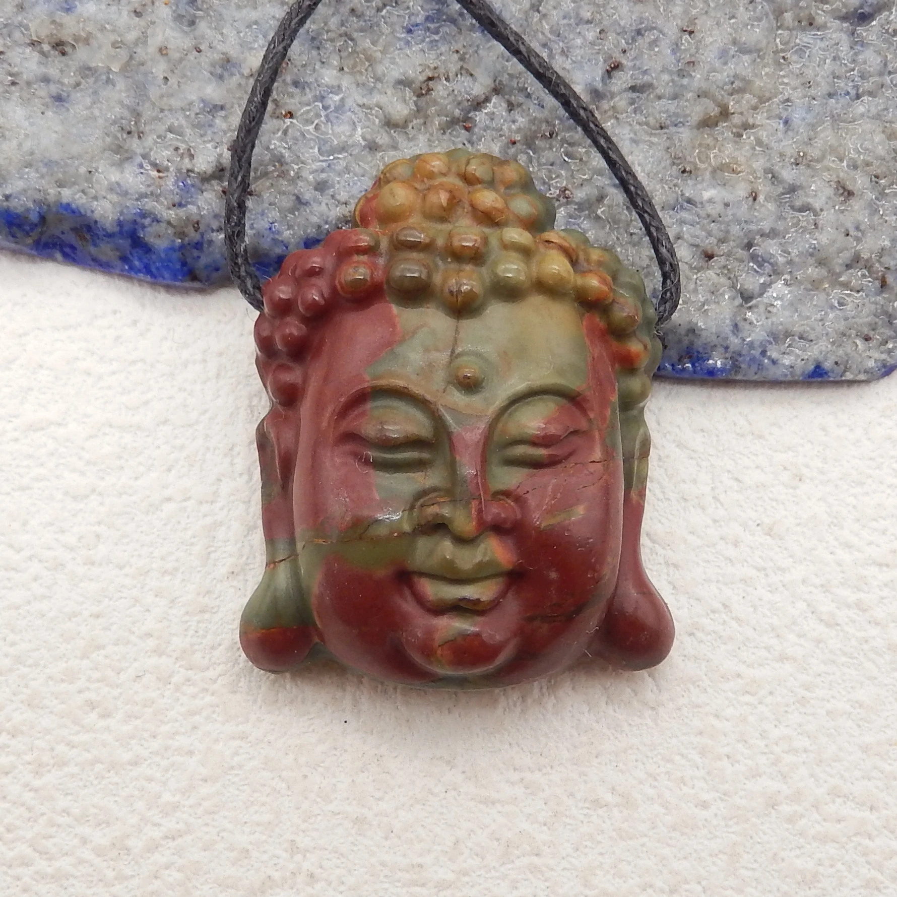 

Natural Stone Multi-Color Picasso Jasper Carved Tathagata Buddha Head Lucky Amulet Pendant Necklace Jewelry For Women Men Beads