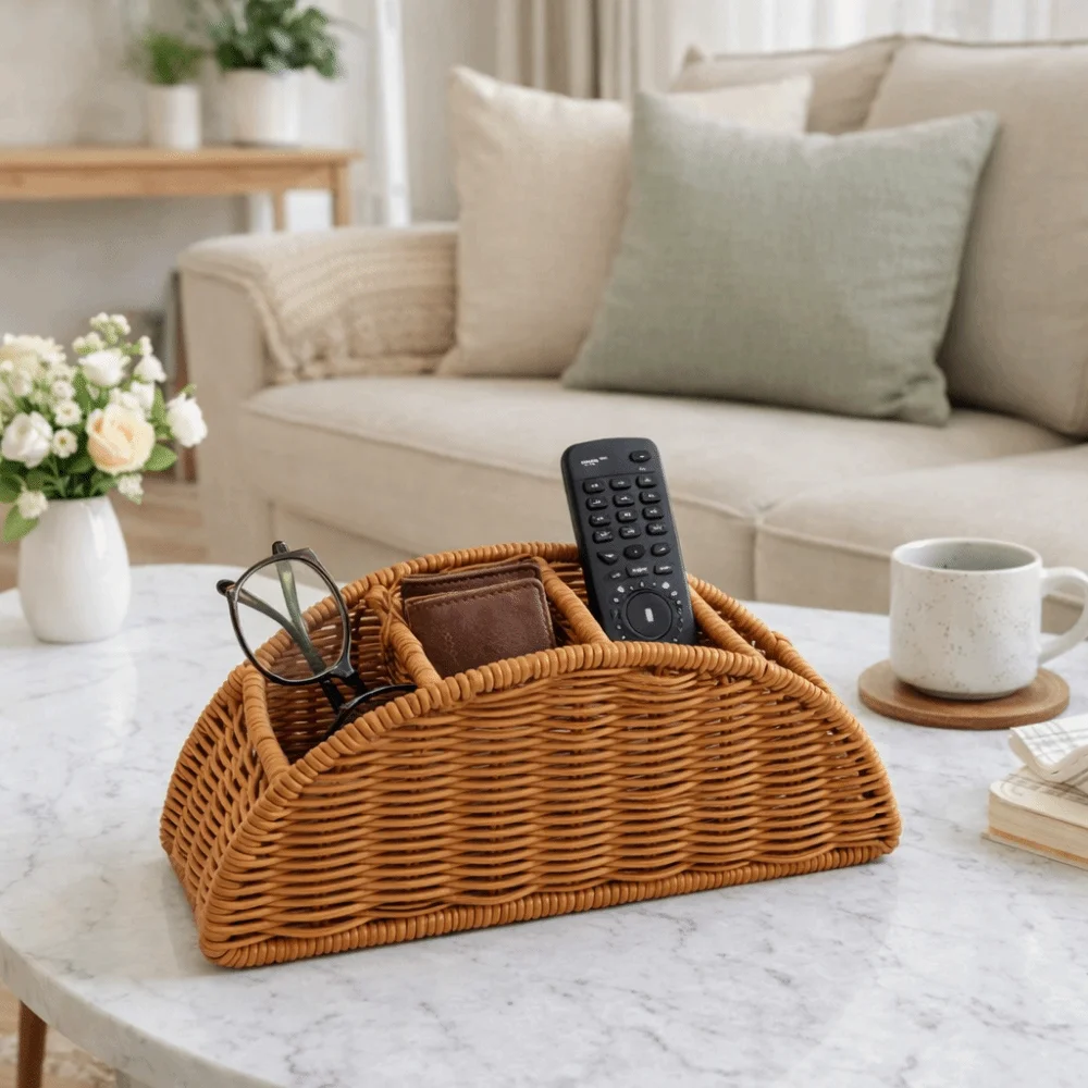 

Imitation Rattan Remote Control Storage Box Handwoven 4 Grids Synthetic Rattan Organizer Vintage Style Desktop Storage Box