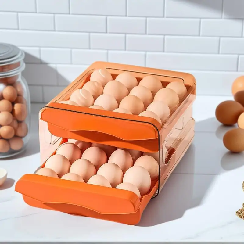 حامل البيض المتدحرج الأوتوماتيكي - صندوق تخزين الثلاجة بطبقة مزدوجة مع درج منزلق، تصميم موفر لمساحة المطبخ #3