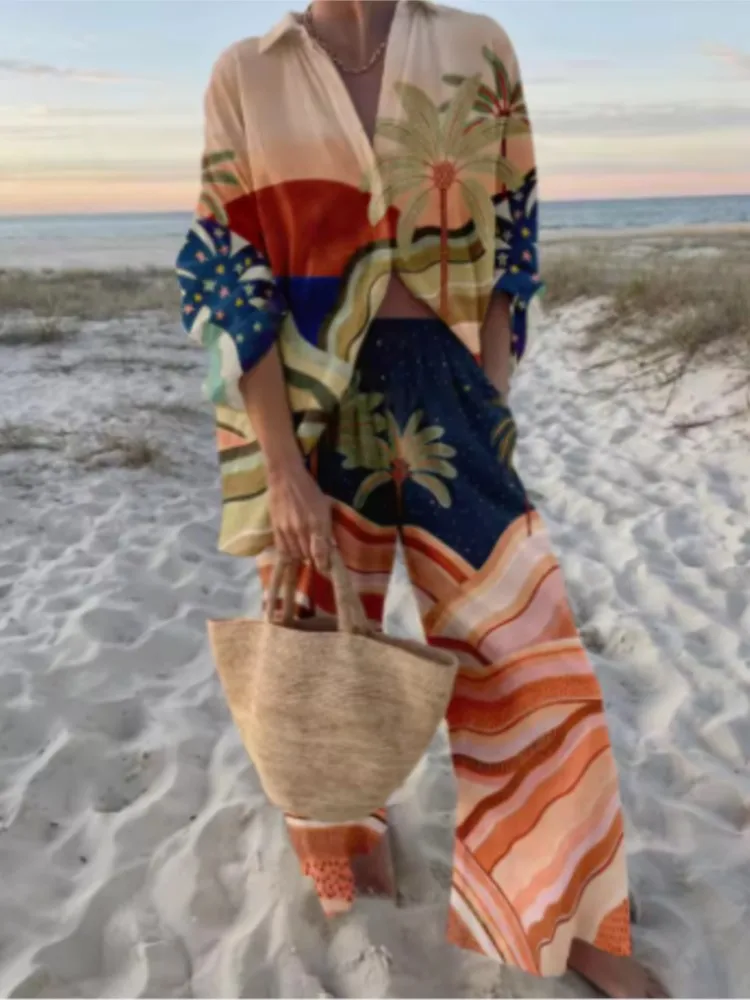 

Fashion Print Beach Holiday Pants Sets For Women Spring Summer Long Sleeve Shirt Tops Wide Leg Pants Two Piece Set Casual Outfit