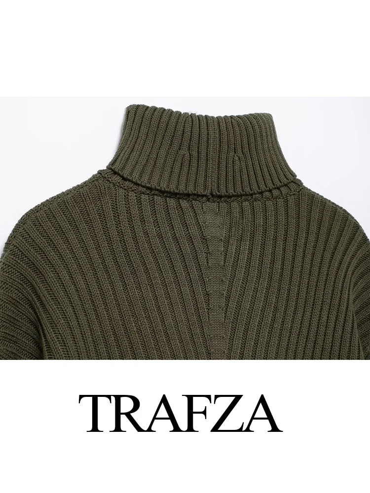 TRAFZA Women Fashion High-necked Sweater Long Sleeve Solid Knitted Pullover Autumn Female Casual Ribbed Short Sweater Mujer