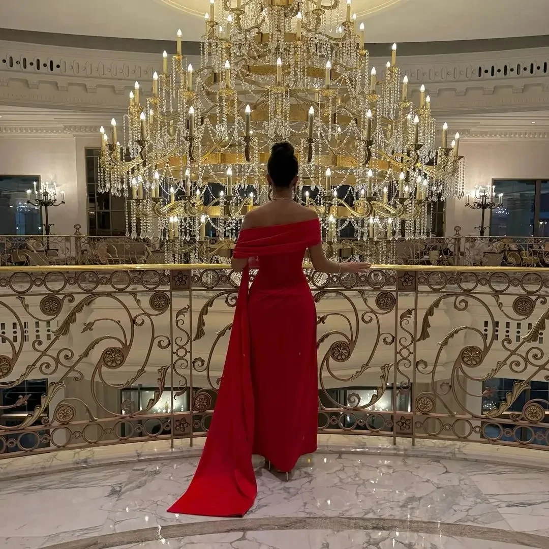 Evening Dress Elegant A-Line Red Long Prom Dress Pleated Off The Shoulder High Side Slit Party Dress Gowns Saudi Arabia