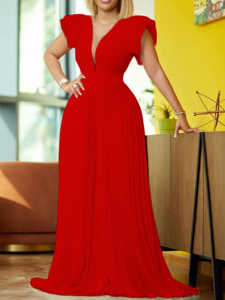 Vestido Elegante com Decote em V Profundo, Saia Plissada e Mangas Sino, Vestido Longo de Cintura Alta para Mulheres, Moda de ...