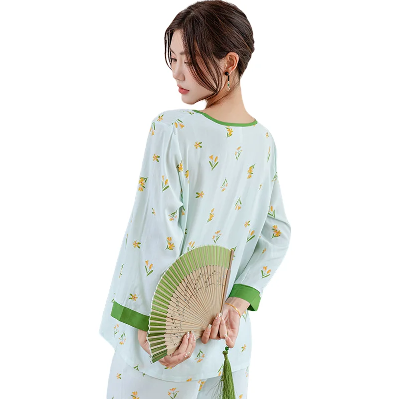 

Women’s Clothing Chinese Style Round Neck Bowknot Home Wear Thin Cotton Silk Nightgown Long Sleeved Pants Pajamas Two-piece Set