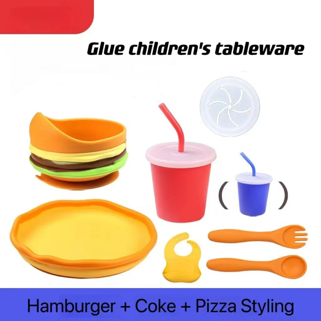

8PCS Baby Soft Silicone Bib Dish Suction Cup Bowl Dinner Plate Fork Spoon Set Non-slip Food-grade Silicone