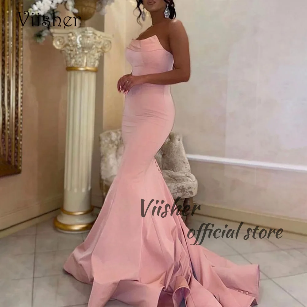 

Viisher Baby Pink Mermaid Evening Dresses Strapless Mono Satin Tight Long Formal Prom Dress with Train Arabic Evening Gowns