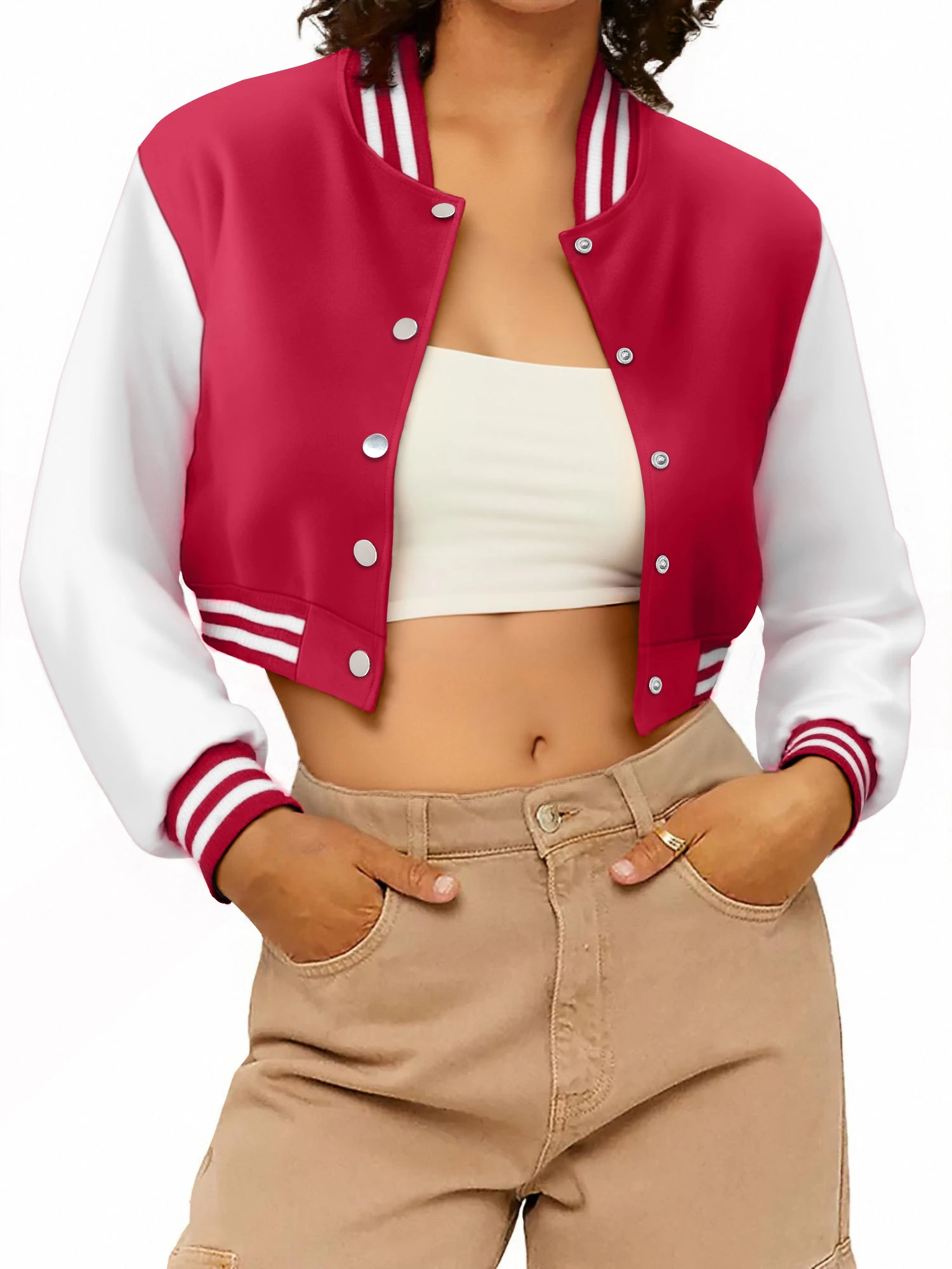 

Укороченная куртка-бомбер в стиле стритвир для женщин: модная, с цветовыми блоками, на пуговицах, с полосатой отделкой, для повседневного образа