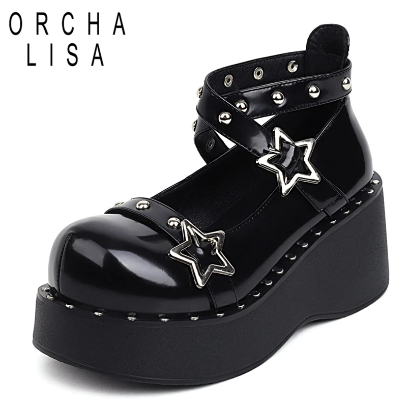 

ORCHA LISA Patent Leather Female Pumps Round Toe Wedges 6.5cm Platform Buckle Strap Metal Decoration 42 43 Street Casual Shoes