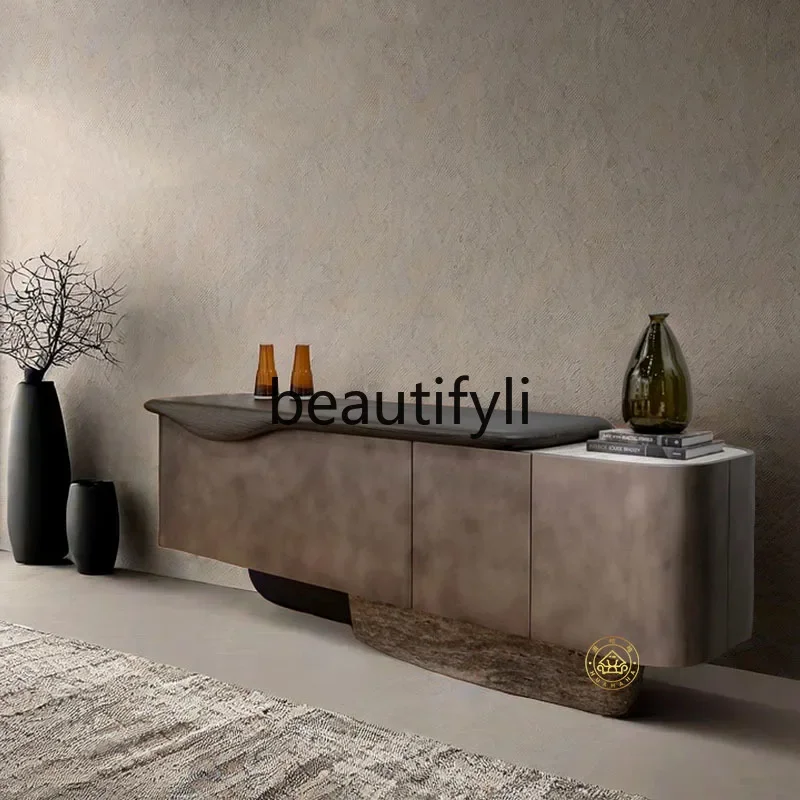 Italian side cabinet solid wood light luxury TV cabinet creative design sense lifting wine cabinet against the wall