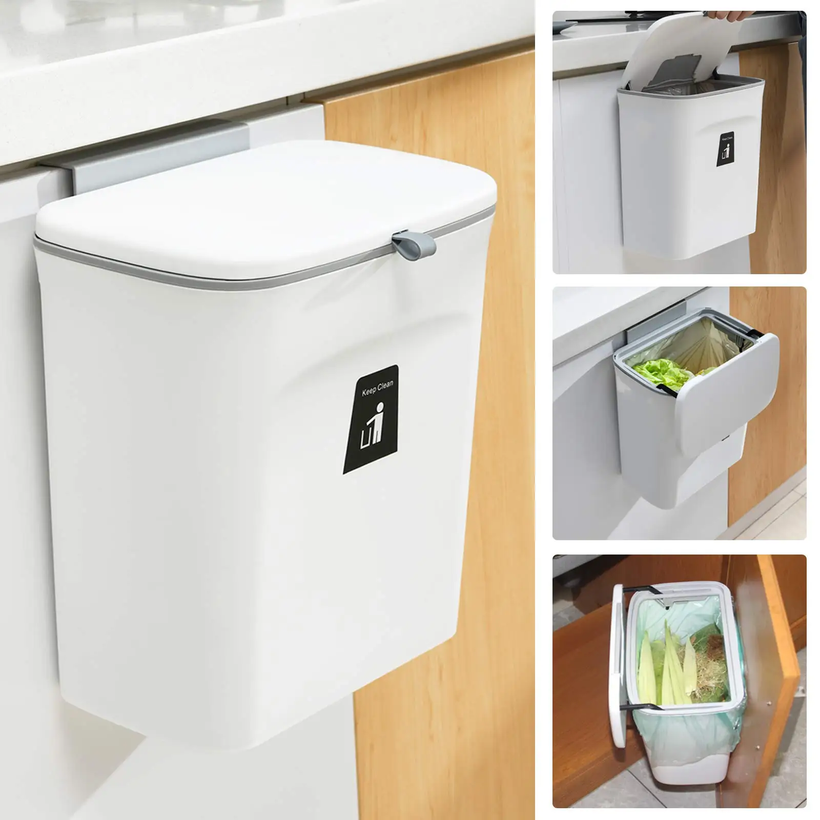 9L Kitchen Compost Bin for Counter Top Under Sink Hanging Small Trash Can with Lid for Cupboard/Bathroom/Bedroom/Office/Camping