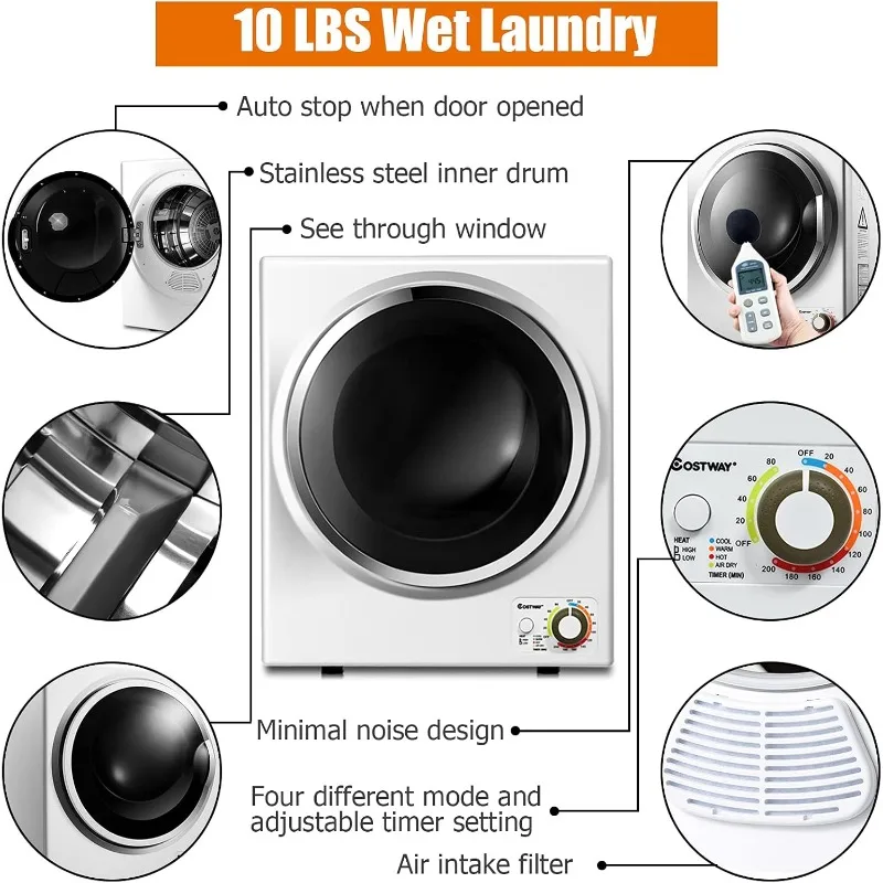 COSTWAY Kompakter Wäschetrockner, 110 V, elektrischer tragbarer Wäschetrockner mit Edelstahlwanne, Bedienfeld, unten, einfache Steuerung