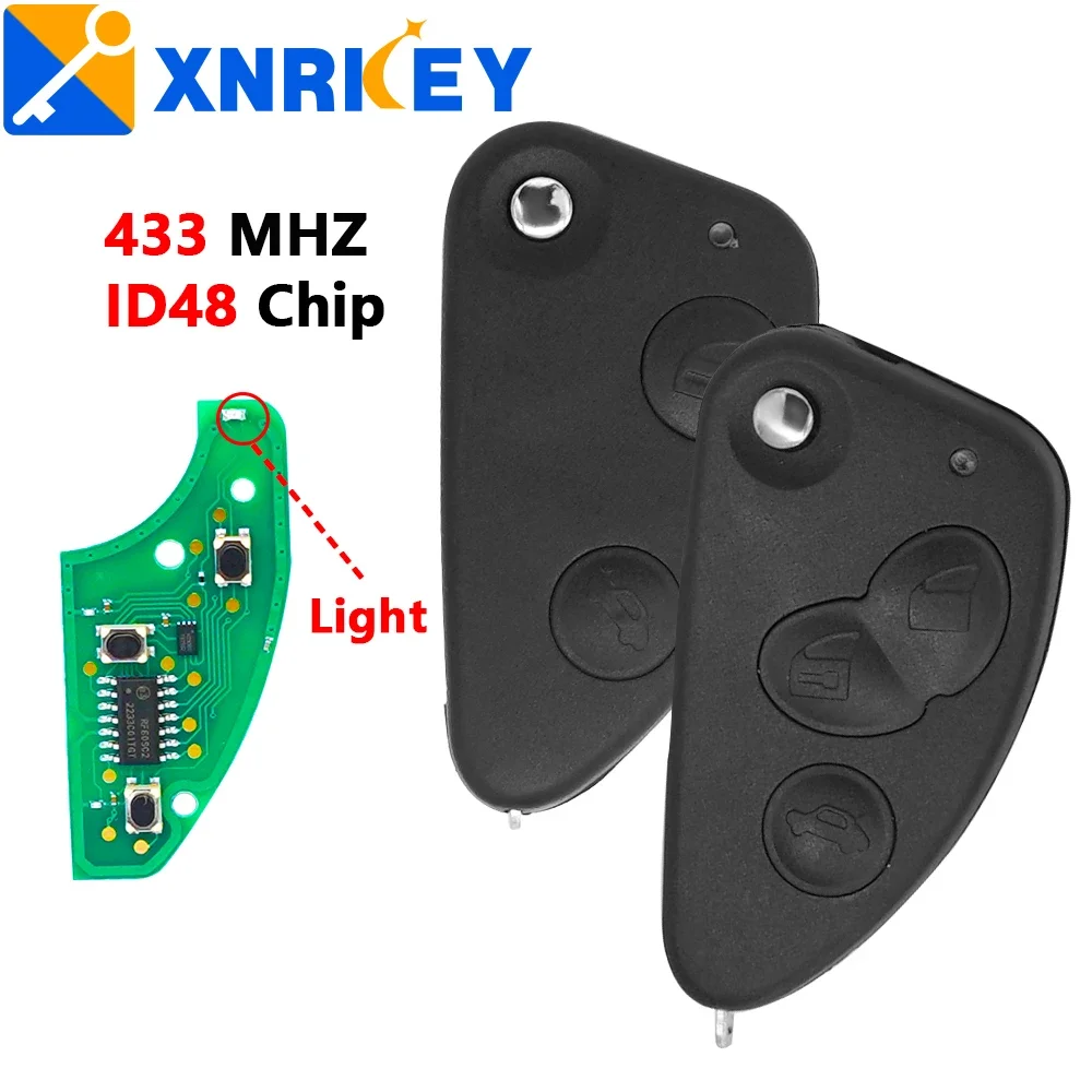 XNRKEY 2/3 Button Remote Car Key ID48 Chip 433Mhz for Alfa Romeo 147 156 GT Replacement Flip Key Fob with Uncut SIP22 Blade