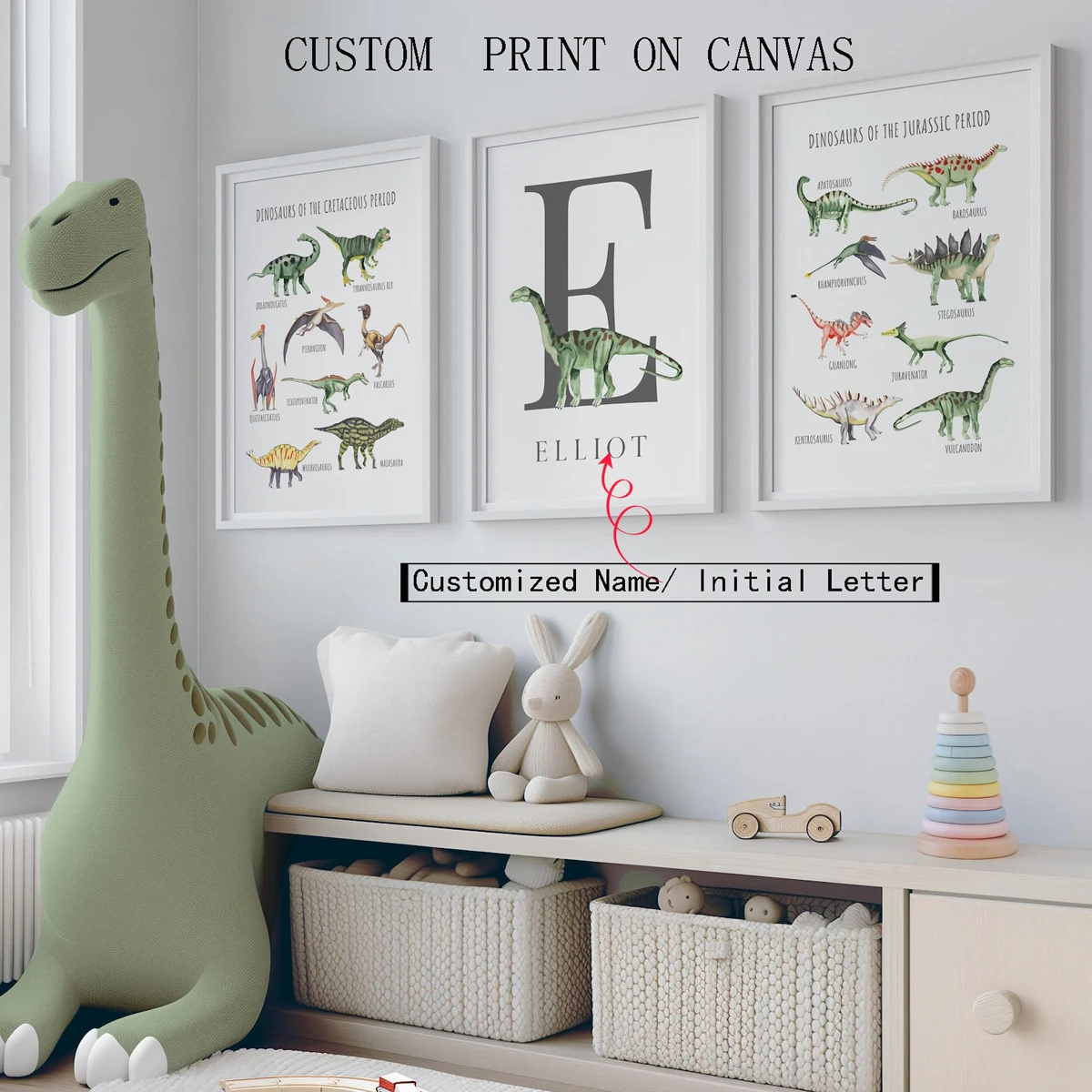 

Custom 3pcs Name Frameless Wall Art Set- Personalized Cute Dinosaur Canvas Prints, Theme Posters for Nursery, Kids Room, Bedroom